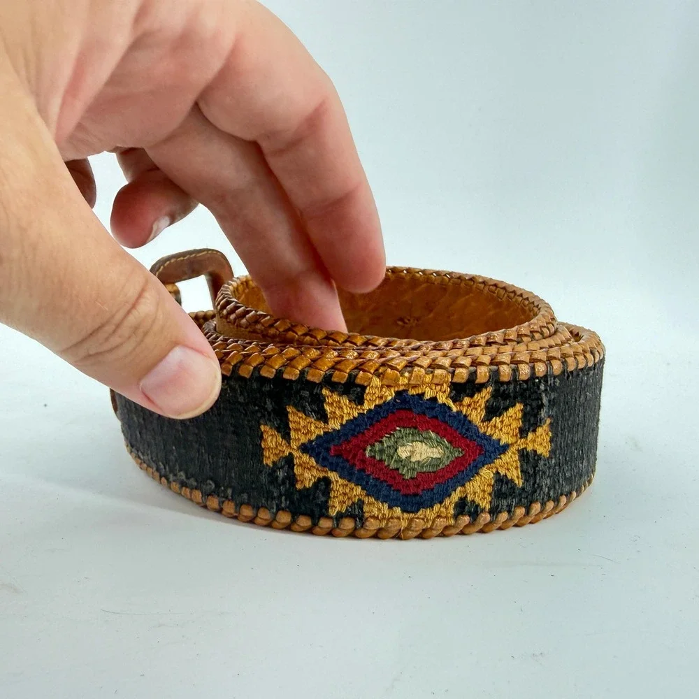 Vintage Southwestern‎ Woven Leather Belt Unisex SZ 40 Brown Black Geometric Boho